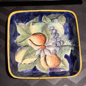 Hand-Painted Ceramic Fruit Serving Bowl in Blue and Yellow